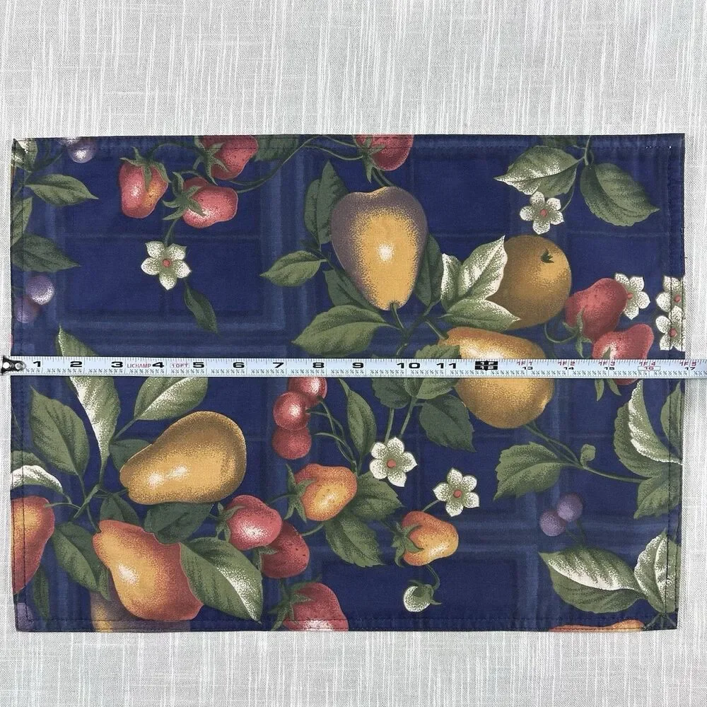 Vintage Handmade Placemats Set Of 4 Cranston Fruit Fabric Handmade MCM Blue